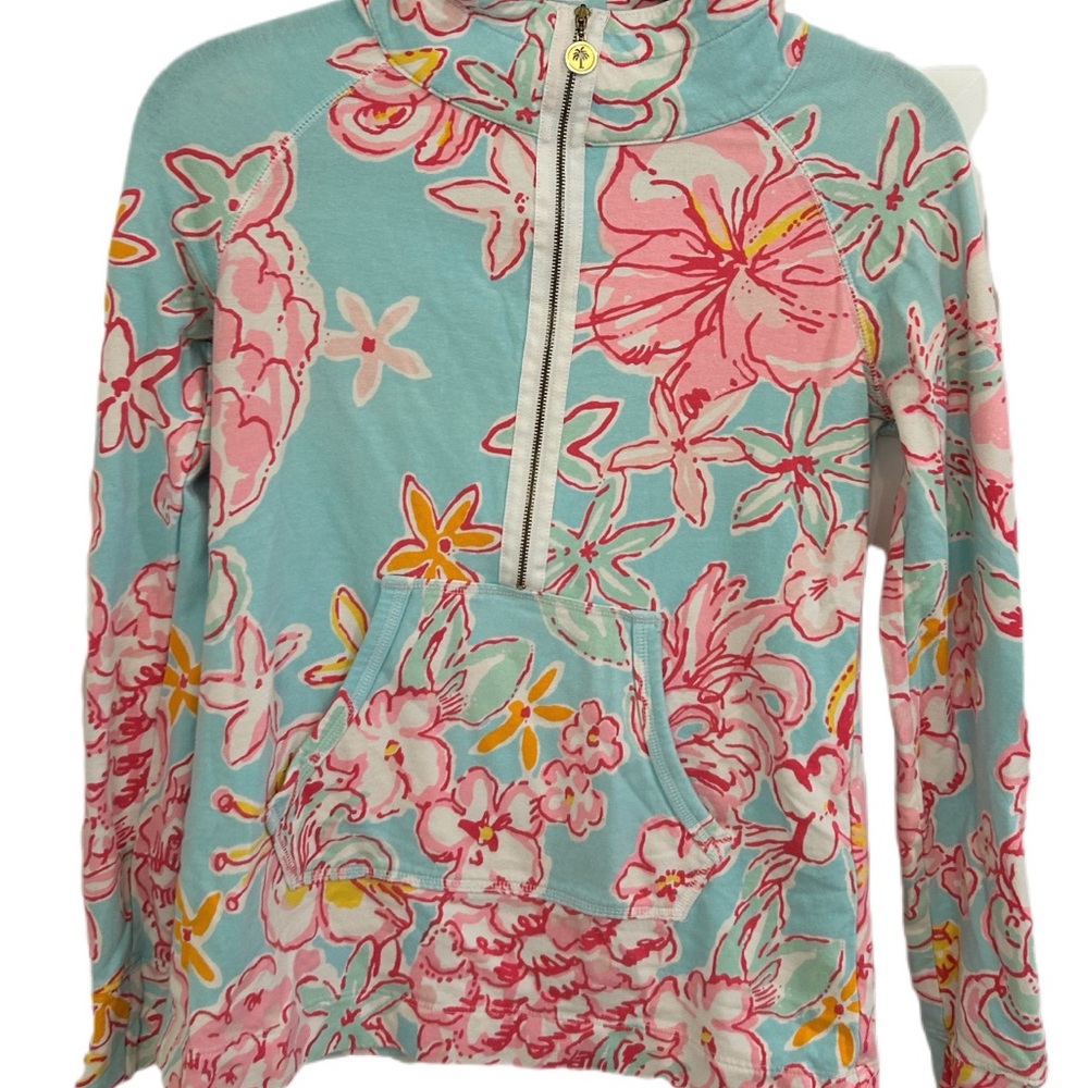 LILLY PULITZER Skipper 1/2 Zip Blue Pink Beachy Popover Tropical Print Top XS